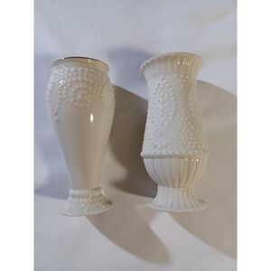Lenox White Porcelain Bud Vases Set Of 2 Beaded Trumpet Gold Trim Decor